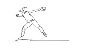 Self drawing animation of single line draw attractive baseball player throws the ball on stadium. Female pitcher in competitive game on sport field for training. Continuous line. Full length animated - Powered by Shutterstock - Get 15% off with code: PIKWIZARD15