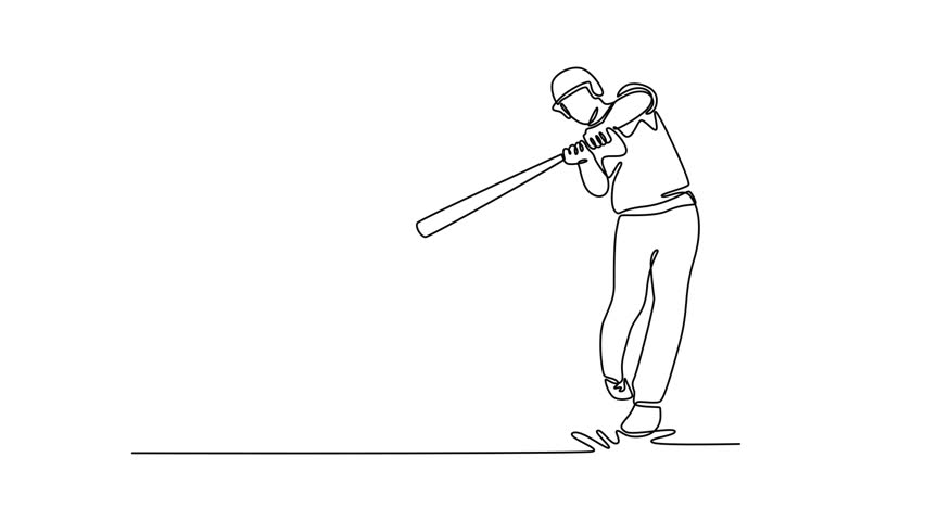 Animated self drawing of continuous line draw baseball player with bat taking a swing, hitting the ball on grand arena. Sportsman training match on a stadium pitch. Full length single line animation - Powered by Shutterstock - Get 15% off with code: PIKWIZARD15