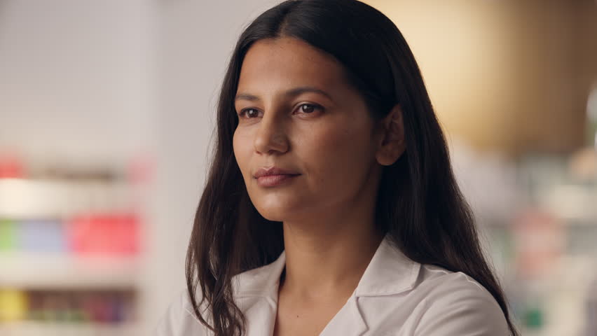 Portrait woman Indian doctor health care worker pharmacist therapist smiling girl caregiver physician in pharmacy medical assistant beautiful female healthcare medicine drugstore pharmaceutical shop