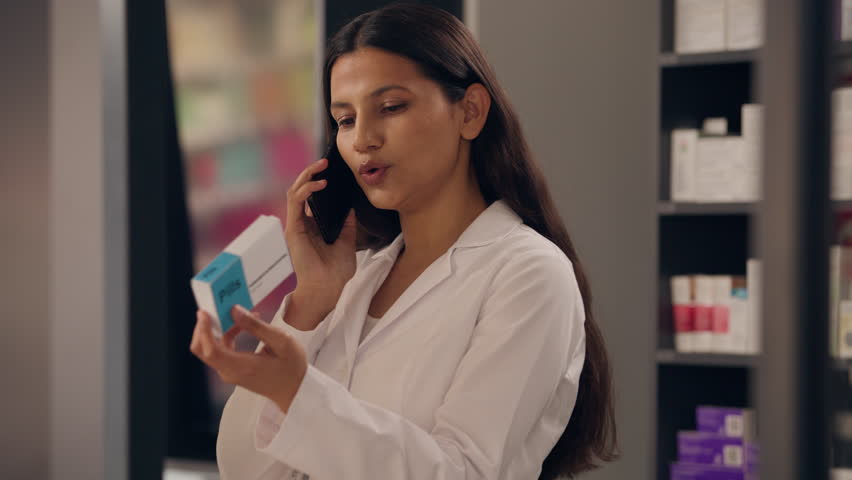 Indian woman pharmacist talking mobile phone in pharmacy medicine inventory order medication girl in medical coat talk cellphone reading pills prescription drugs vitamins dosage health care drugstore