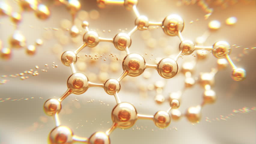 Golden peptide molecules float in soft motion, symbolizing futuristic skincare, anti-aging innovation, and biotech elegance for luxury cosmetic brands. 3d animation.