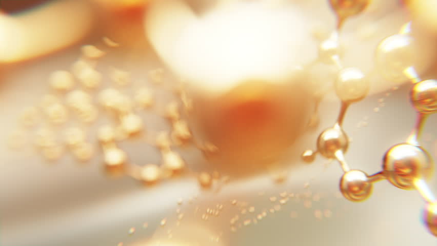 Golden peptide molecules float in soft motion, symbolizing futuristic skincare, anti-aging innovation, and biotech elegance for luxury cosmetic brands. 3d animation.