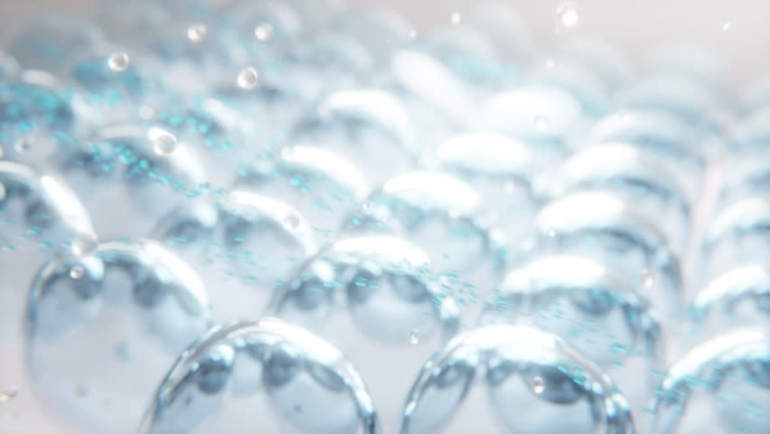 Shimmering molecules float in a bright, clear space, evoking hydration, purity, and scientific innovation for modern skincare and clean beauty brands. 3d animation.