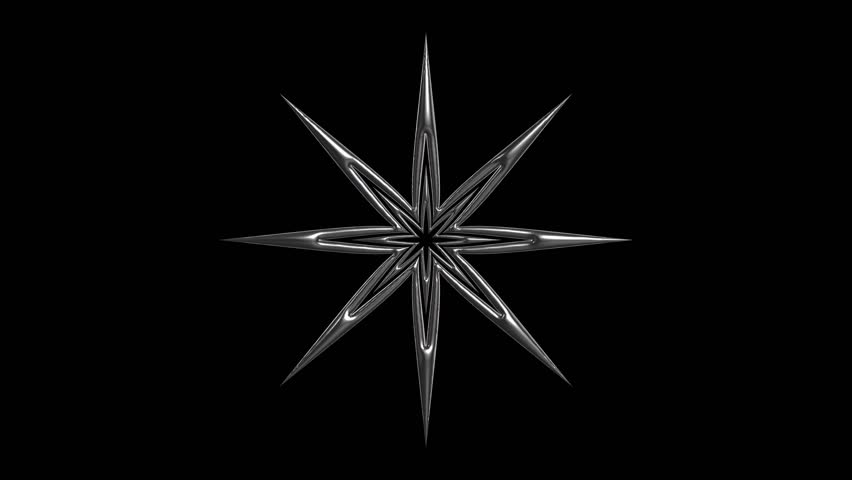 Angular high-tech chrome star spins crisply, catching narrow glints of light along its clean-cut edges. The shape reflects a sense of control and digital clarity. 