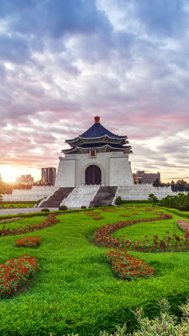 Vertical Time lapse of Chiang Kai Shek Memorial Hall at sunrise, Taiwan.