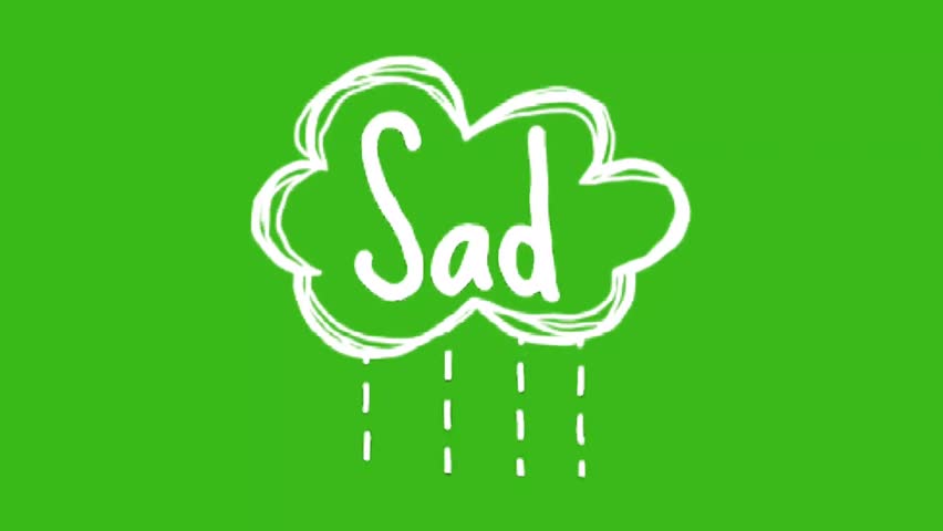 Hand-drawn sad cloud animation on green and black backgrounds. Seamless loop. Sadness, rain, emotion concept