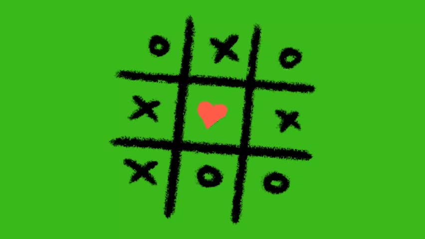 Hand-drawn tic-tac-toe game with heart animation on green screen. Seamless loop. Love, Valentine