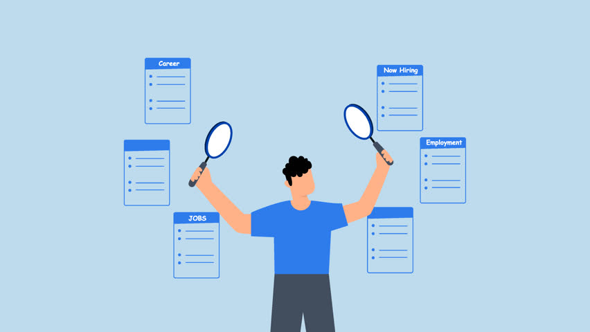 Job seeking, 4k animation of businessman holding a magnifying glass in both hands seeking new job opportunities. 