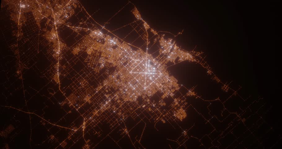 La Plata (Argentina) aerial view at night. Top view on city from space. Camera is zooming in, rotating clockwise