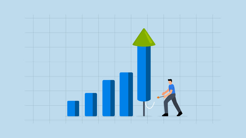 Grow your business, 4k animation of businessman lights fireworks from rocket dash to increase business growth.
