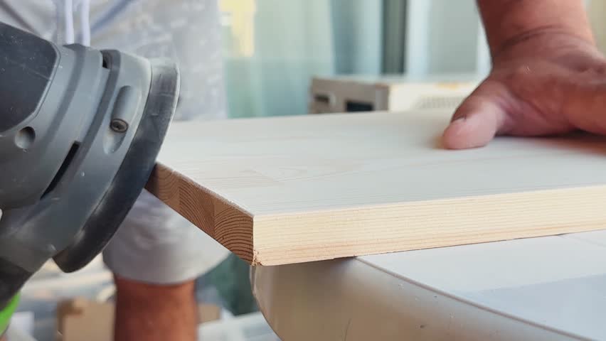 A man processes a wooden board with a cordless sander. Construction tools, woodworking, grinding, machining, construction
