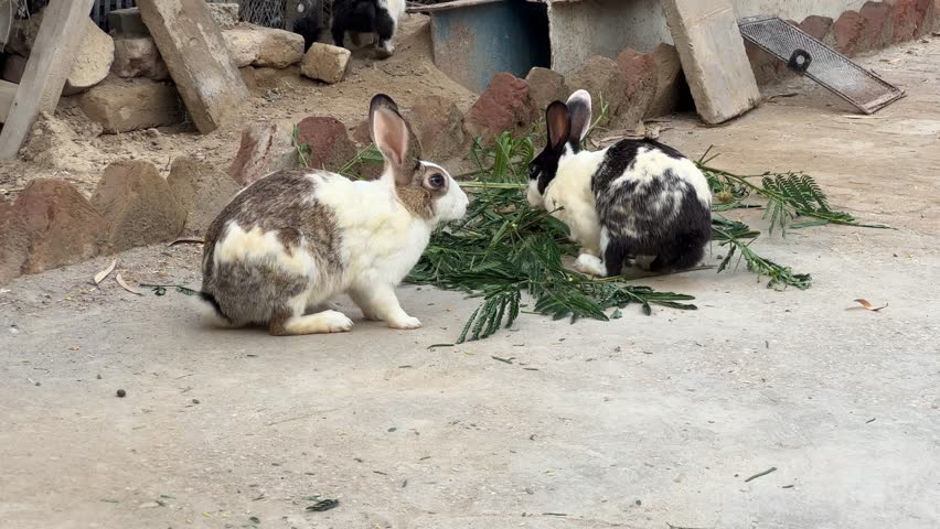 Two adorable rabbits, one brown and white, the other black and white, are captured in an outdoor setting, peacefully eating a pile of fresh green leaves together.