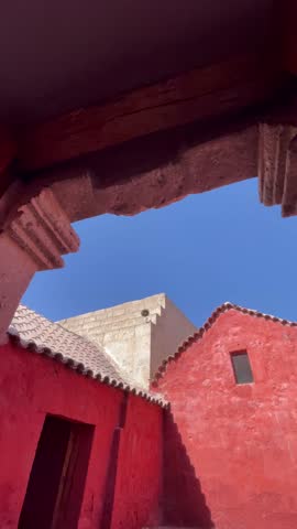 Old historical architecture in The Arequipa City, Peru. Colors of The Santa Catalina Monastery.