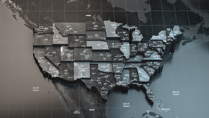 Map of USA Unites States of America with country regions outlines. 3D Illustration