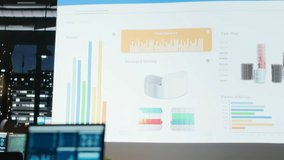 Empty office features modern tools displaying analytics after hours, forecasting metrics to ensure company strategy productivity. Data icons and performance indicators to support growth. - Powered by Shutterstock - Get 15% off with code: PIKWIZARD15