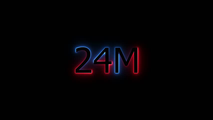 Abstract Glowing Neon Light 24 Millions Letter Icon Animation.24 Million achievement for social media videos .24 M million neon glowing text animation. Glowing 24 M Typography Banner 