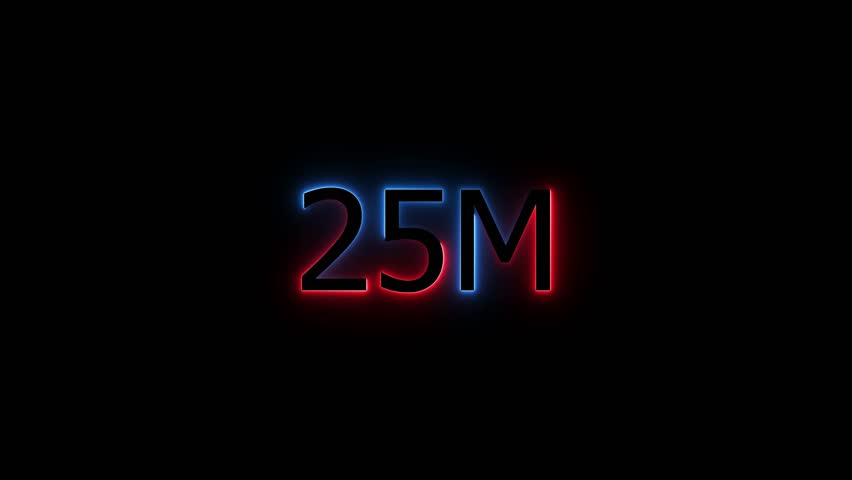 Abstract Glowing Neon Light 25 Millions Letter Icon Animation.25 Million achievement for social media videos .25 M million neon glowing text animation. Glowing 25 M Typography Banner  