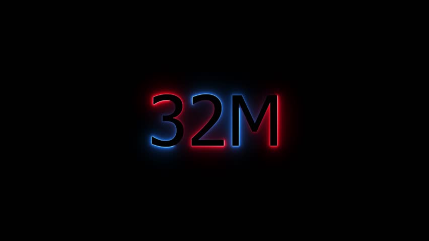 Abstract Glowing Neon Light 32 Millions Letter Icon Animation.32 Million achievement for social media videos .32 M million neon glowing text animation. Glowing 32 M Typography Banner