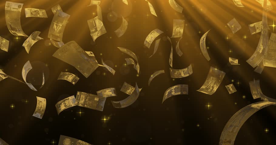 Russia gold money falling, with light from above and a black background