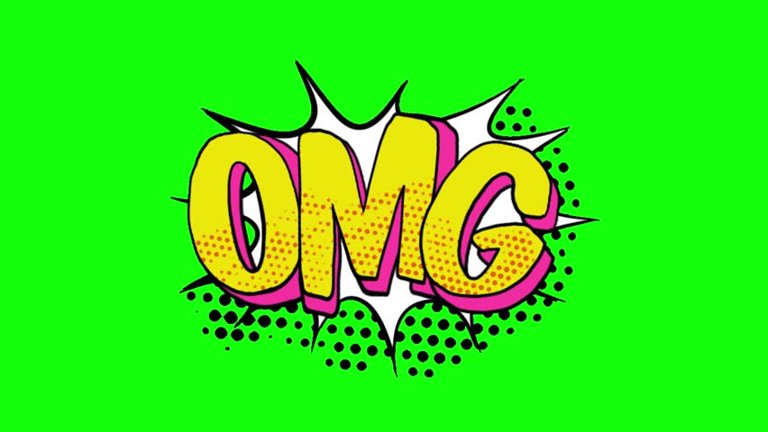 OMG pop art comic book style text animation on a green screen background.