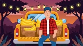 Man stands by his pick-up truck with bananas at sunset in an illustrated style, holding a notepad and pen conveying a relaxed outdoor market mood great for food and lifestyle content. - Powered by Shutterstock - Get 15% off with code: PIKWIZARD15