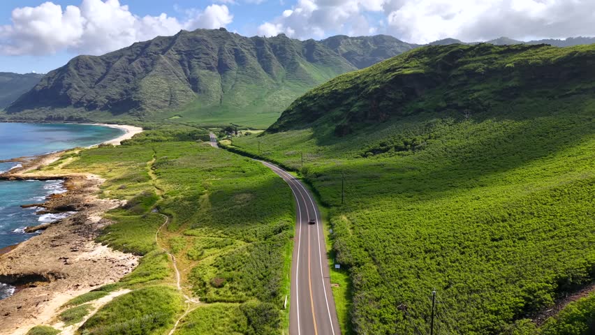 Scenic Farrington Highway along the rocky Waianae coast of Oahu, aerial