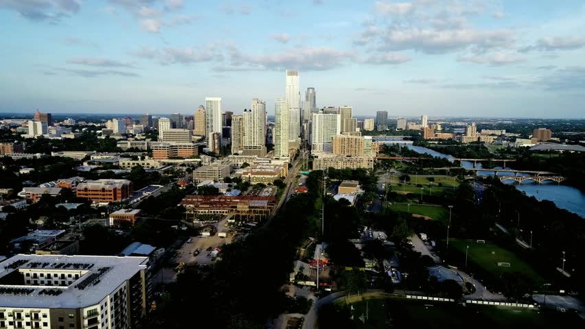Aerial view of the austin texas skyline at dusk with lady bird lake