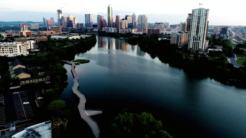 Aerial view of the austin texas skyline along the colorado river