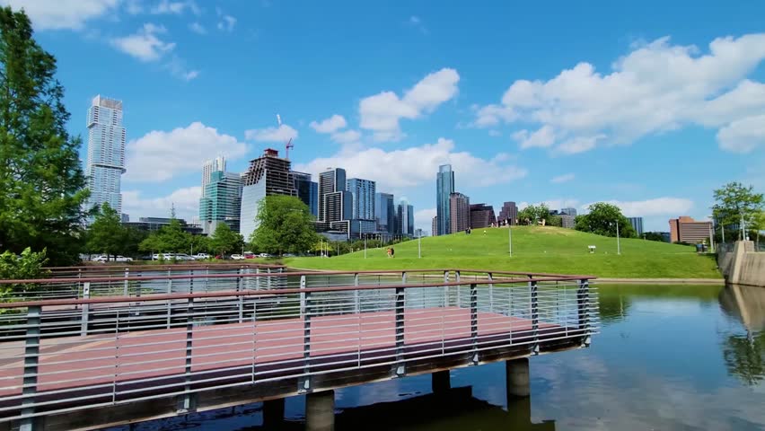 Nashville tennessee skyline from a park on a sunny day with blue sky