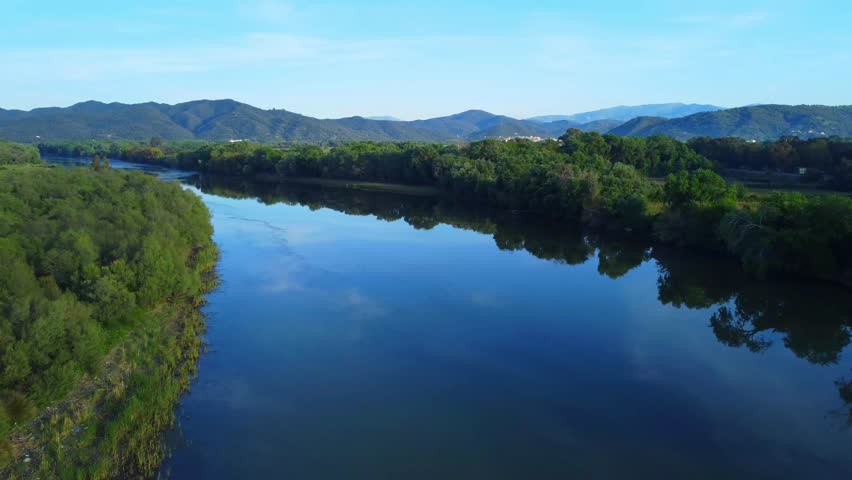 Aerial View of river, Beautiful Aerial View of African Jungles forest and River, Landscape in aerial drone shot. Adove calm tranquil river in Jijel Algeria North Africa, River and green fores trees