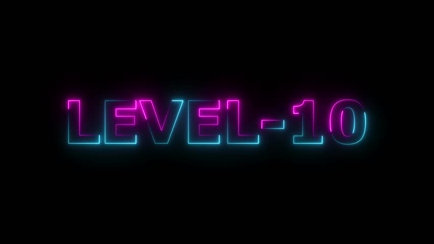 Neon level 10 text font animation. 10 Level text icon video, on black background.