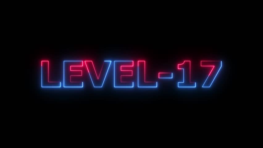 Neon level 17 text font animation. 17 Level text icon video, on black background.