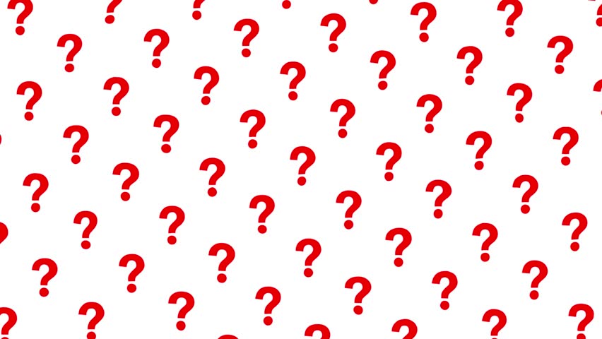 Red question icons drift upward with subtle turbulence distortion on a white background. Seamless loop symbolizing quiz, curiosity, inquiry, and knowledge exploration