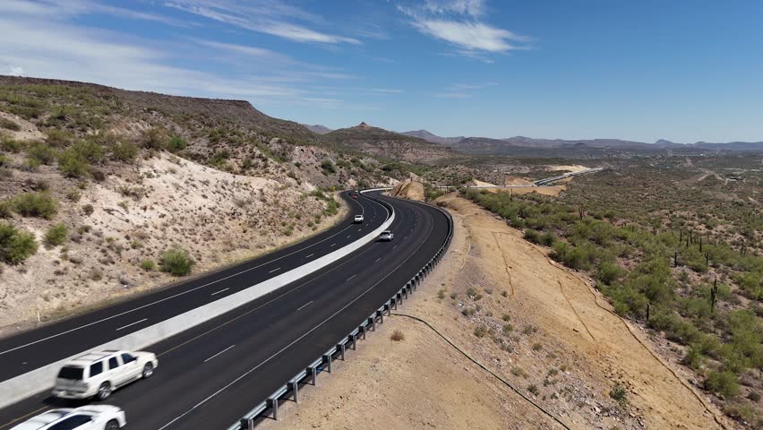 Cars driving on Highway in Desert, Interstate 17 in Black Canyon City Arizona, Static Shot