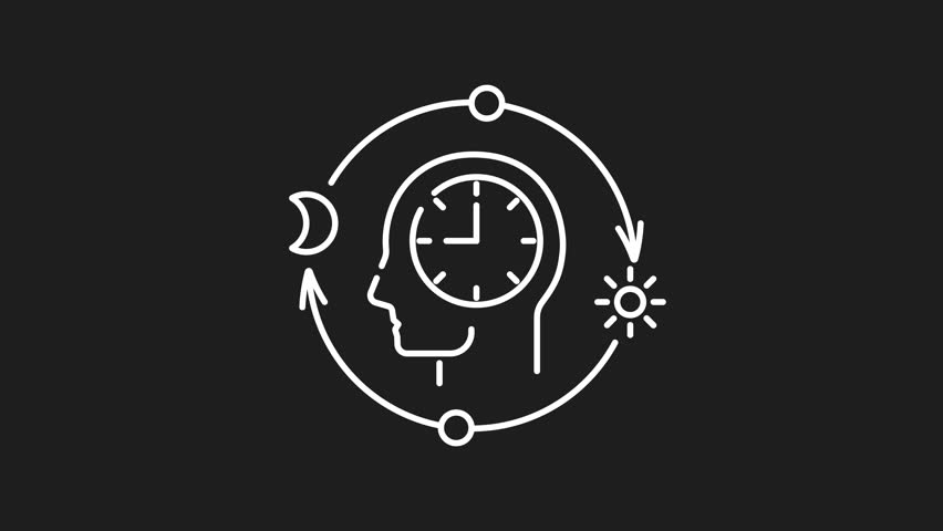 Circadian health white line animation. Circadian health line human head integrates clock and daynight cycle symbolizing its influence. Suitable for health and wellness concepts.