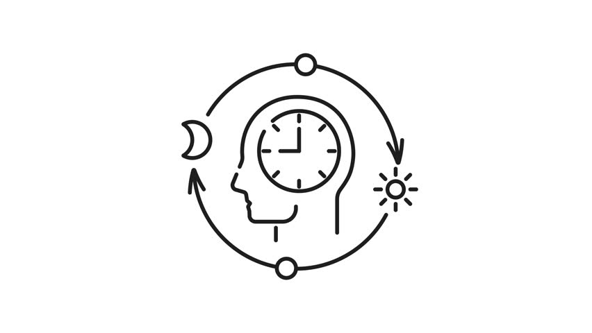 Circadian health line animation. Circadian health line human head integrates clock and daynight cycle symbolizing its influence. Suitable for health and wellness concepts.