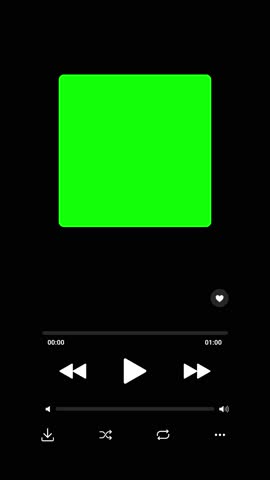 60 seconds music player UI animation with a black background and a smooth progress bar. The interface features a green screen thumbnail frame, simulating a media playback screen.
