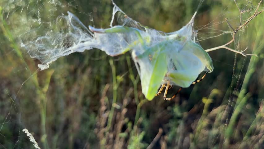 Real time scene of a tiger spider wrapping with its silk a still alive green praying mantis trapped in its web, in a Mediterranean landscape.