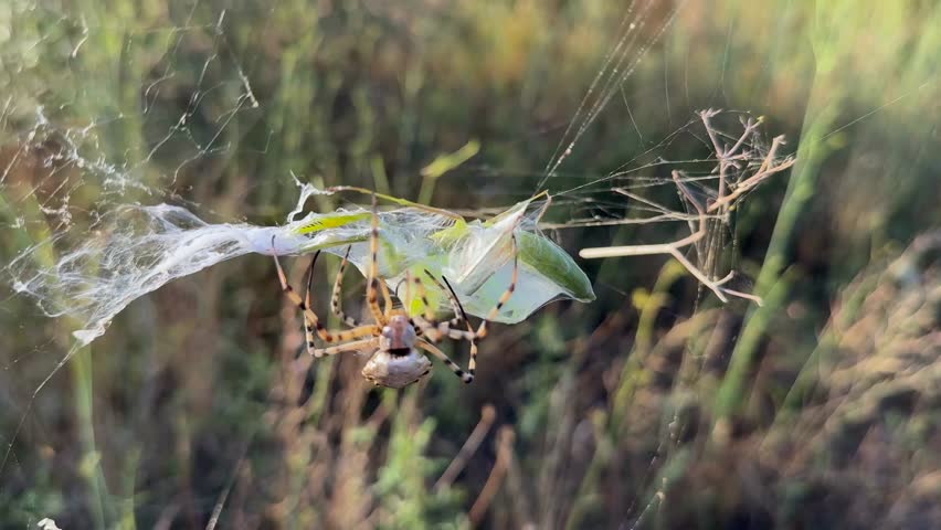 Close-up view, half speed, of a mediterranean tiger spider wrapping with its silk a defenseless still alive praying mantis, in its web. Mediterranean landscape at golden hour.