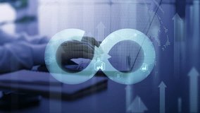 Hands typing on laptop with infinity loop and eco icons, representing sustainable business strategy, circular economy, and digital transformation for a greener future. - Powered by Shutterstock - Get 15% off with code: PIKWIZARD15