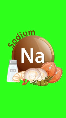 A sodium element icon animates in, accompanied by salt, shrimp, grapefruit, and herbs, on a bright green chroma key background for compositing