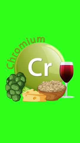 A green screen animation transitions from a chromium element icon to include broccoli, cheese, grains, and a glass of red liquid, highlighting dietary sources