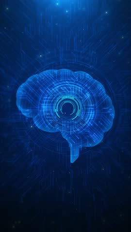 Futuristic Style HUD Anatomy Infographic Artificial intelligence AI brain render concept animation. Thinking neural network particle binary number code, machine learning data mining virtualization