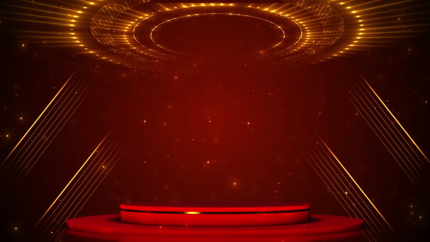 Red gold luxury display stage podium sparkle glow light. Empty spotlight beams Stage Luxury Award Birthday Event Premium Grand Celebration Invitation. ceremony, winner, grand prize special sale