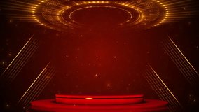 Red gold luxury display stage podium sparkle glow light. Empty spotlight beams Stage Luxury Award Birthday Event Premium Grand Celebration Invitation. ceremony, winner, grand prize special sale - Powered by Shutterstock - Get 15% off with code: PIKWIZARD15