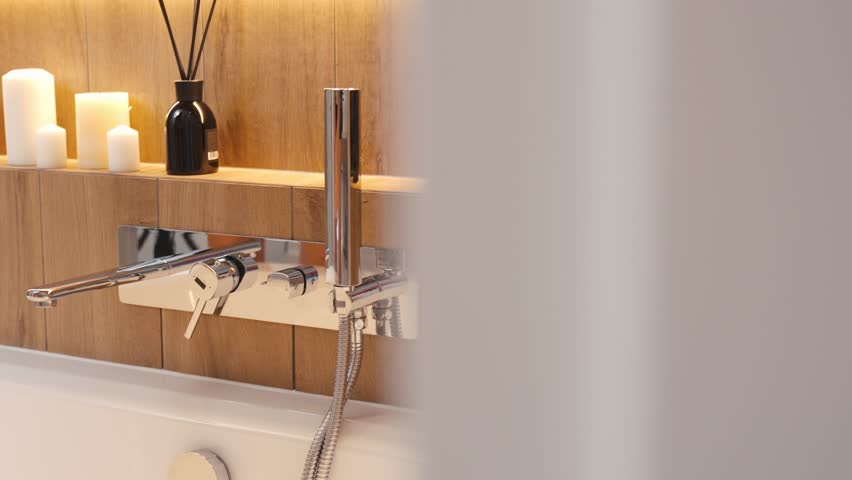 Close-up of person hand turning chrome bathtub faucet, with water flowing into white tub. Woman adjusting water temperature in bathroom