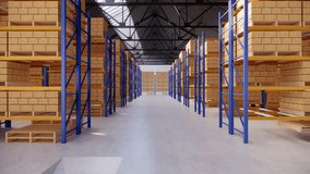 A spacious warehouse aisle lined with tall metal shelving units. The shelves are filled with various cardboard boxes and equipment - Powered by Shutterstock - Get 15% off with code: PIKWIZARD15