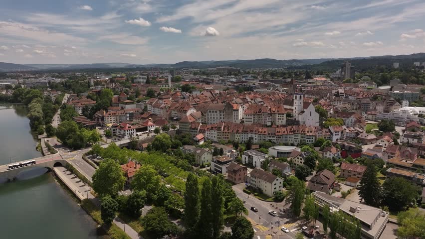 Stunning aerial view of Aarau, capital of Aargau, Switzerland, historic old town, Aare River and beautiful urban landscape.