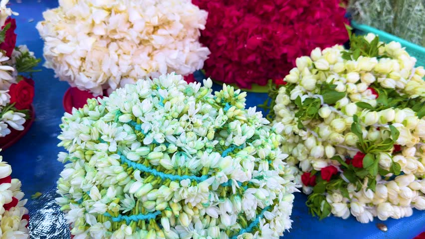 Colorful jasmine and rose flower garlands arranged on a blue table, captured in bright daylight with a smooth lateral camera pan in a Singapore market