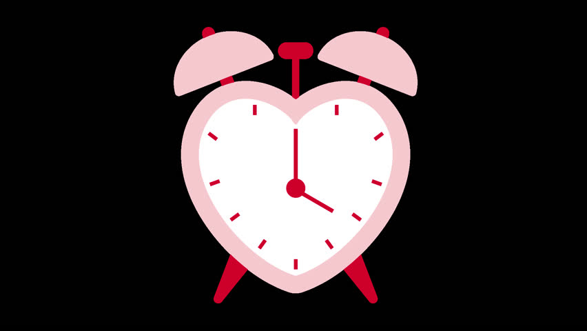 heart shaped alarm clock with the hands moving and ringing animation on transparent background with alpha channel